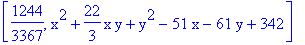 [1244/3367, x^2+22/3*x*y+y^2-51*x-61*y+342]